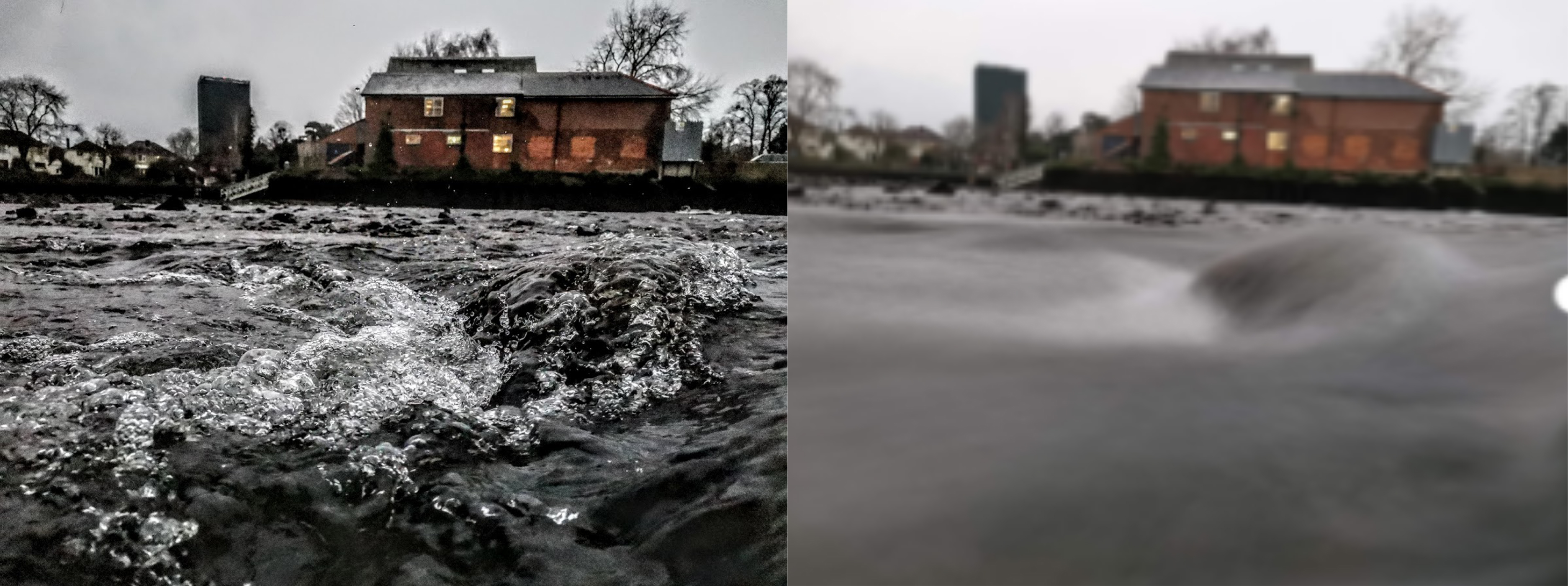 Turbulent flow in a river with chaotic waves. The picture was taken at low-tide when the riverbed roughness has more pronounced effects on turbulence production. An instantaneous shot is compared to a long-exposure shot, analogous to the RANS equations where the flow characteristics are averaged over time.
